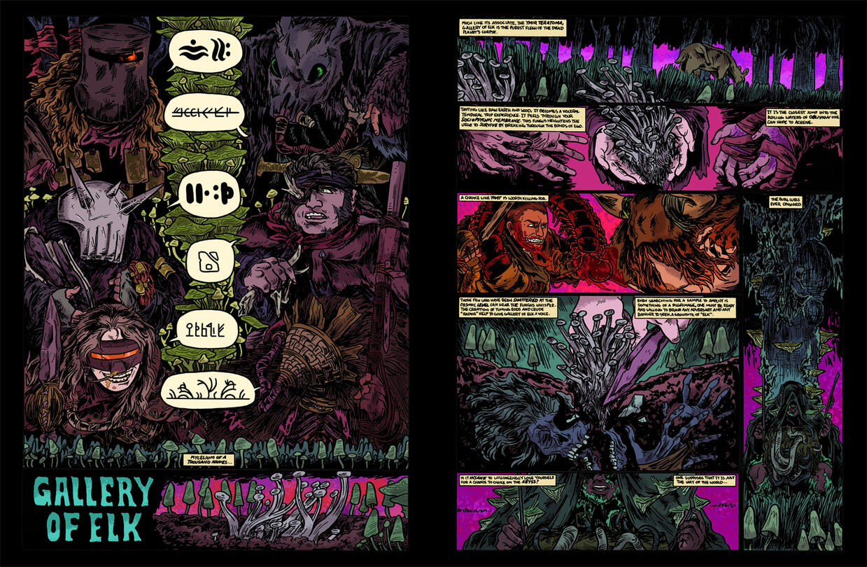 Godcleaver page spread. This sequence is an intermission, exploring an important part of the lore of this world.