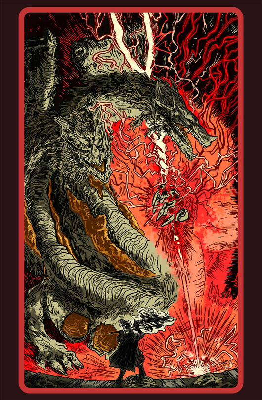 A commission illustration of Dragonlord Placidusax from the video game Elden Ring. I wanted to explore and discover how to make the lightning jsut as enormous a force as the design of the dragon itself.