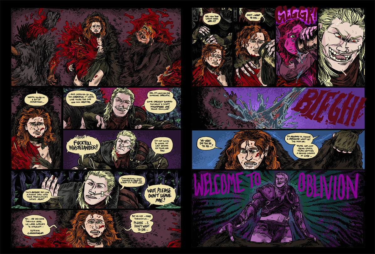 Example spread of one of Godcleaver's pages. A wild thrall is subjected to an assassin's "help" ...