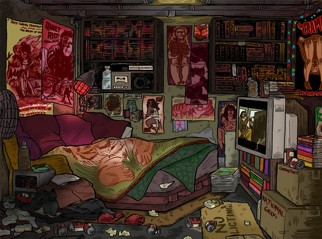 Bedroom design for a personal project. I designed a basement bedroom for a grungier punk character who's lived their life in this bedroom so I designed around that concept.